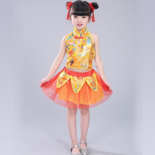 Red yellow gold Chinese style Folk dance girls boys children fan drummer performance cosplay dance outfits